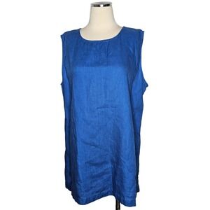 Linden Hill XL Blue 100% Linen Sleeveless Tunic Top Side Zip Round Neck Tank
